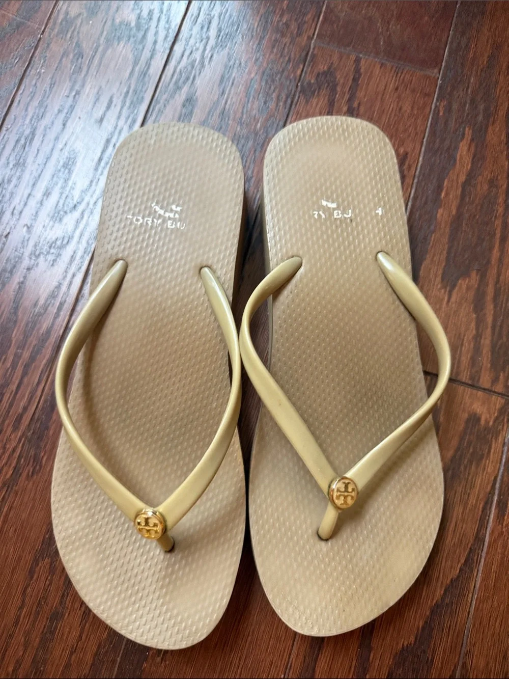 Tory Burch Tan Flip Flop Sandals with Gold Logo